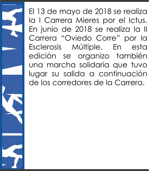 El 13 de mayo de 2018 se realiza la I Carrera Mieres por el Ictus. En junio de 2018 se realiza la II Carrera “Oviedo Corre” por la Esclerosis Múltiple. En esta edición se organizo también una marcha solidaria que tuvo lugar su salida a continuación de los corredores de la Carrera.