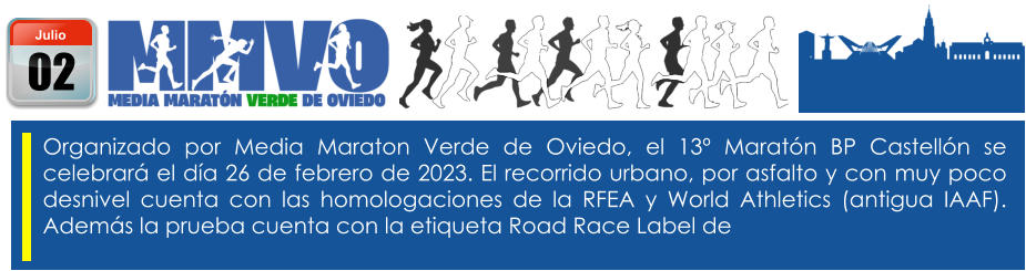 Organizado por Media Maraton Verde de Oviedo, el 13º Maratón BP Castellón se celebrará el día 26 de febrero de 2023. El recorrido urbano, por asfalto y con muy poco desnivel cuenta con las homologaciones de la RFEA y World Athletics (antigua IAAF). Además la prueba cuenta con la etiqueta Road Race Label de 02 Julio